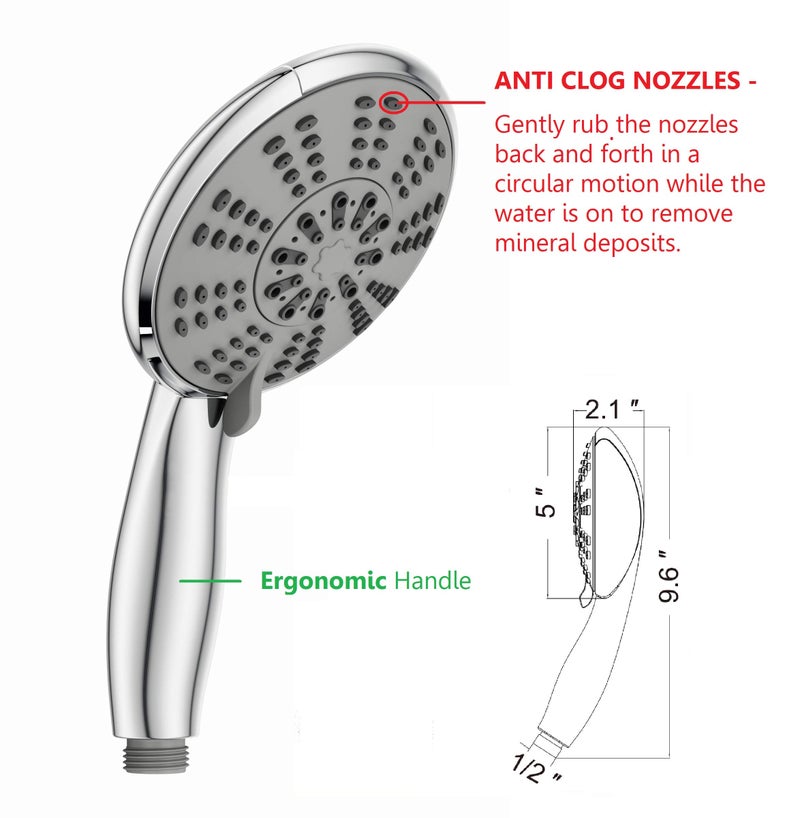 Ana Bath 5-Inch Anti-Clog High Pressure 3-Way LARGE Dual Shower Head with Handheld Spray - 5-Spray Setting/BRASS CONNECTOR/5 Ft Stainless Steel Hose/All Chrome (SS5450CCP) - Image 2